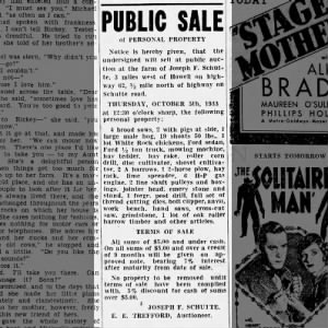 Public Sale of Personal Property - Joseph Schutte 1933